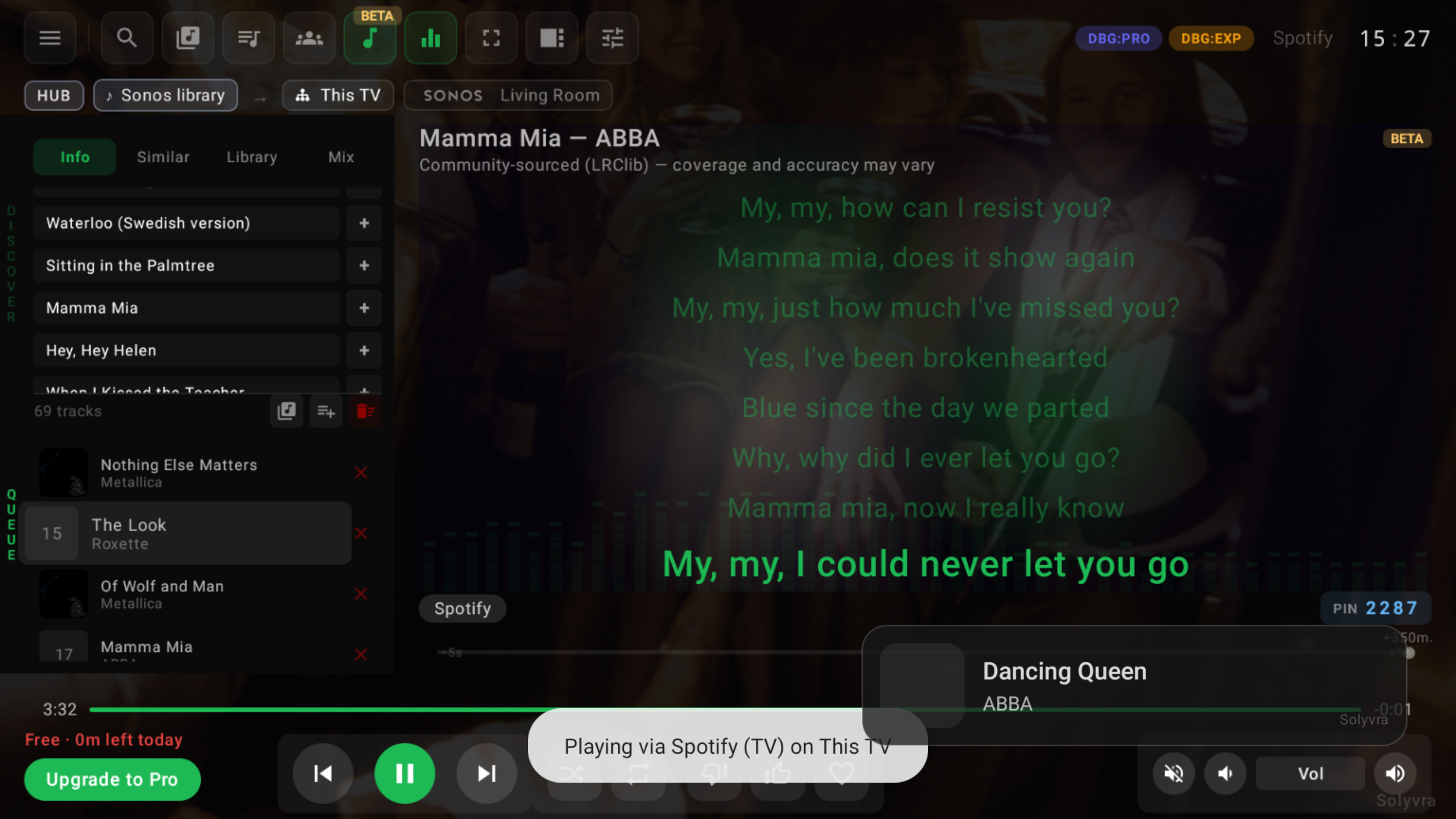JukeDen — playing through the Spotify TV app on this TV